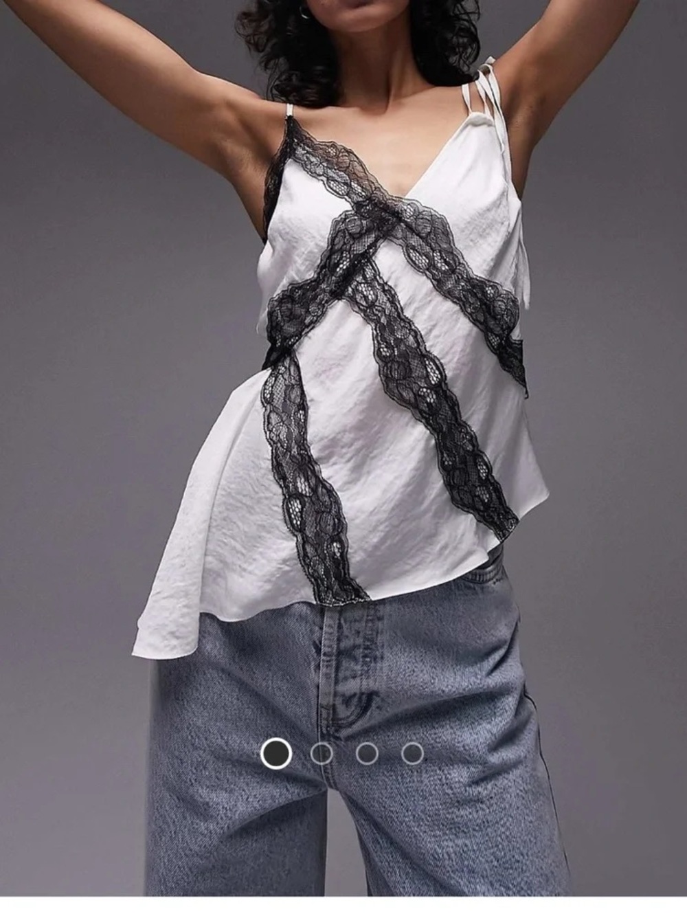 White Lace-Trim Camisole Tank with Black Ribbon Detail